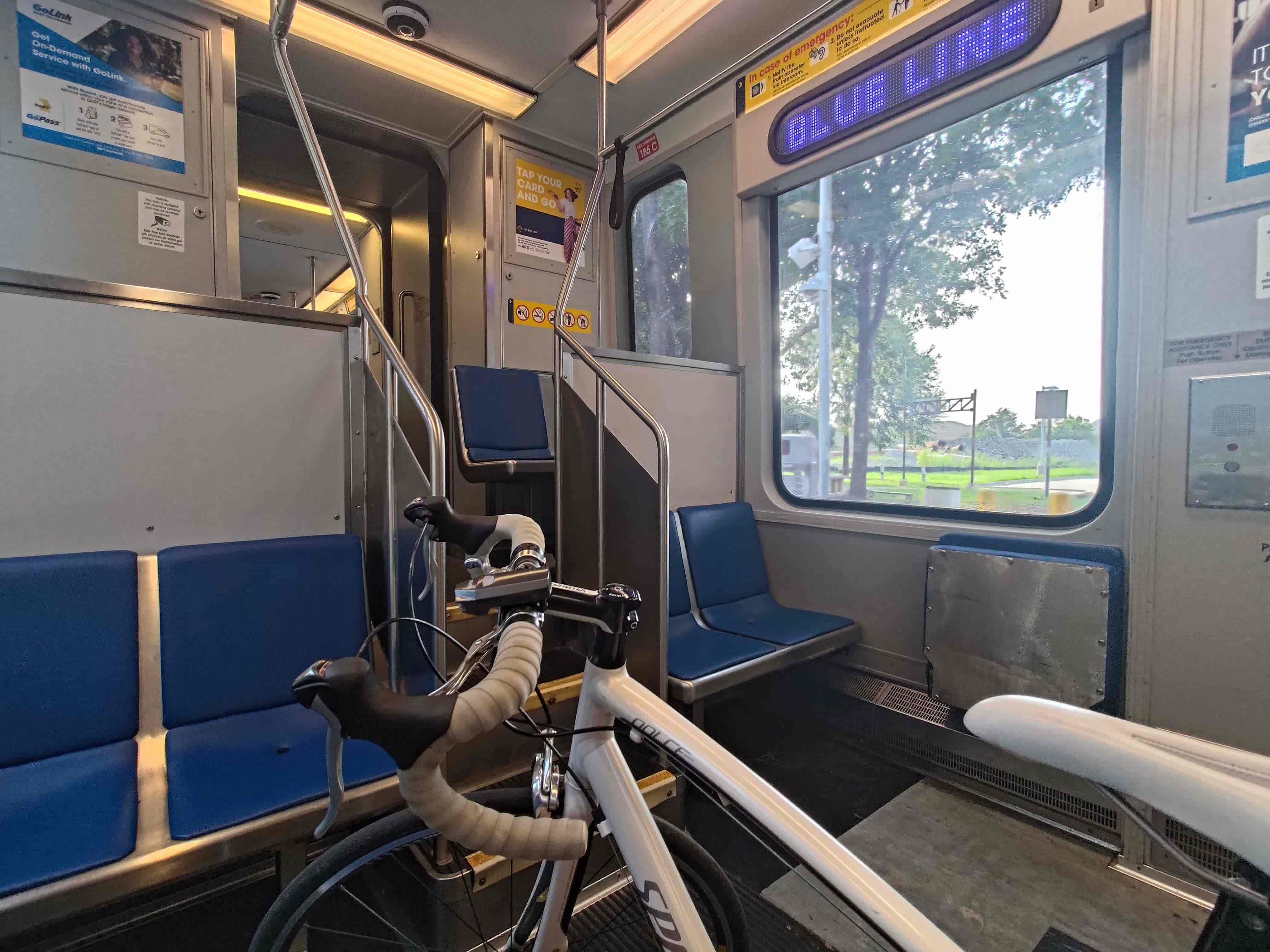 Bicycle inside a light-rail train.