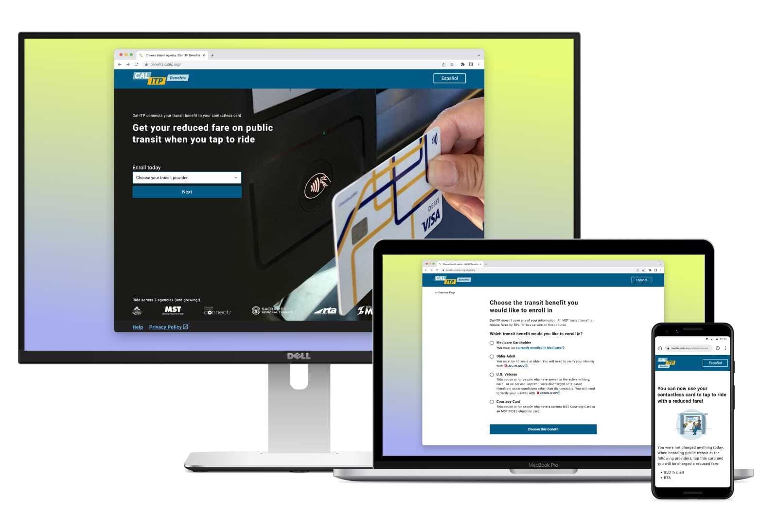 The Cal-ITP Benefits application, displayed on a desktop, a laptop, and a mobile device.