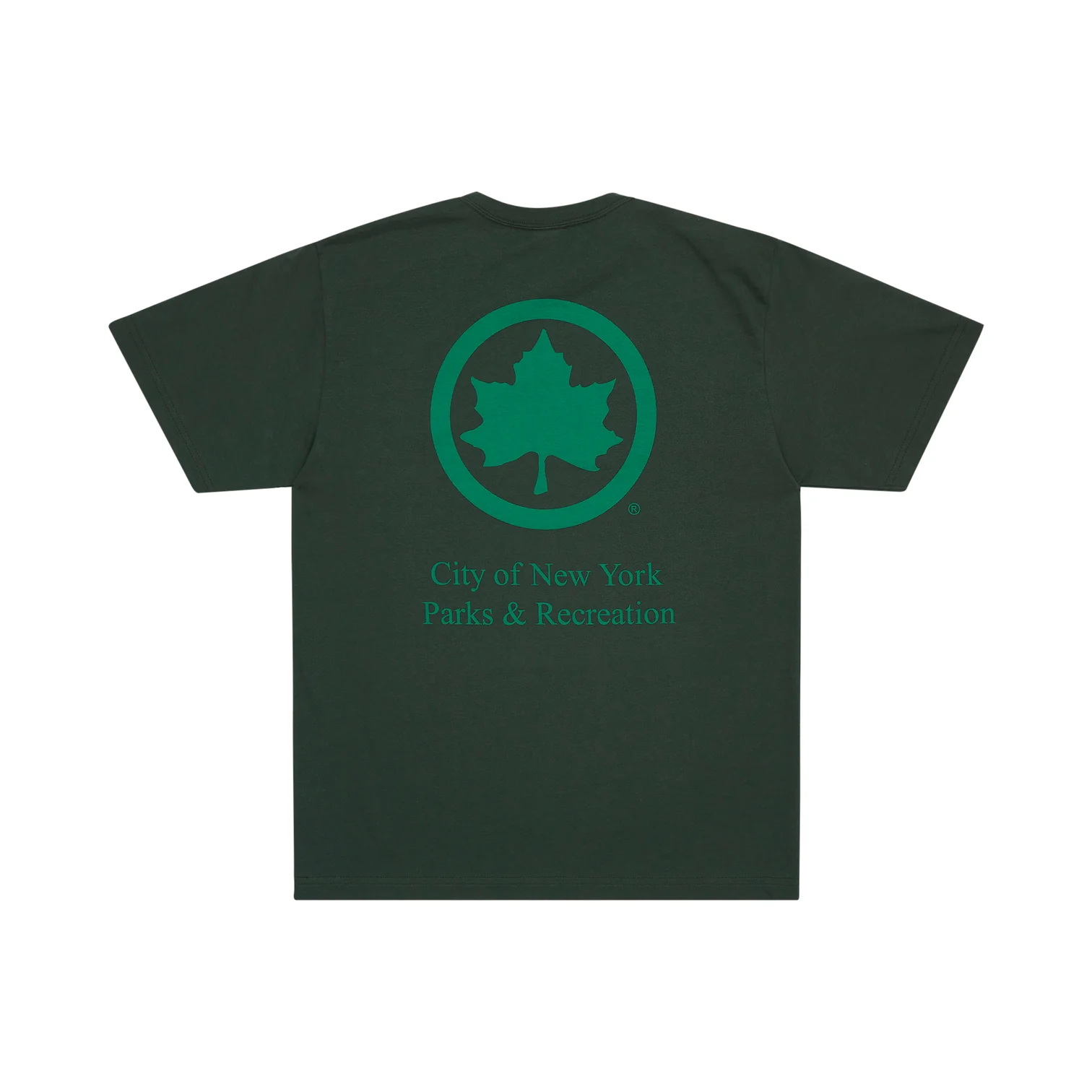 An image of a t-shirt with a maple leaf and the text “City of New York Parks & Recreation”