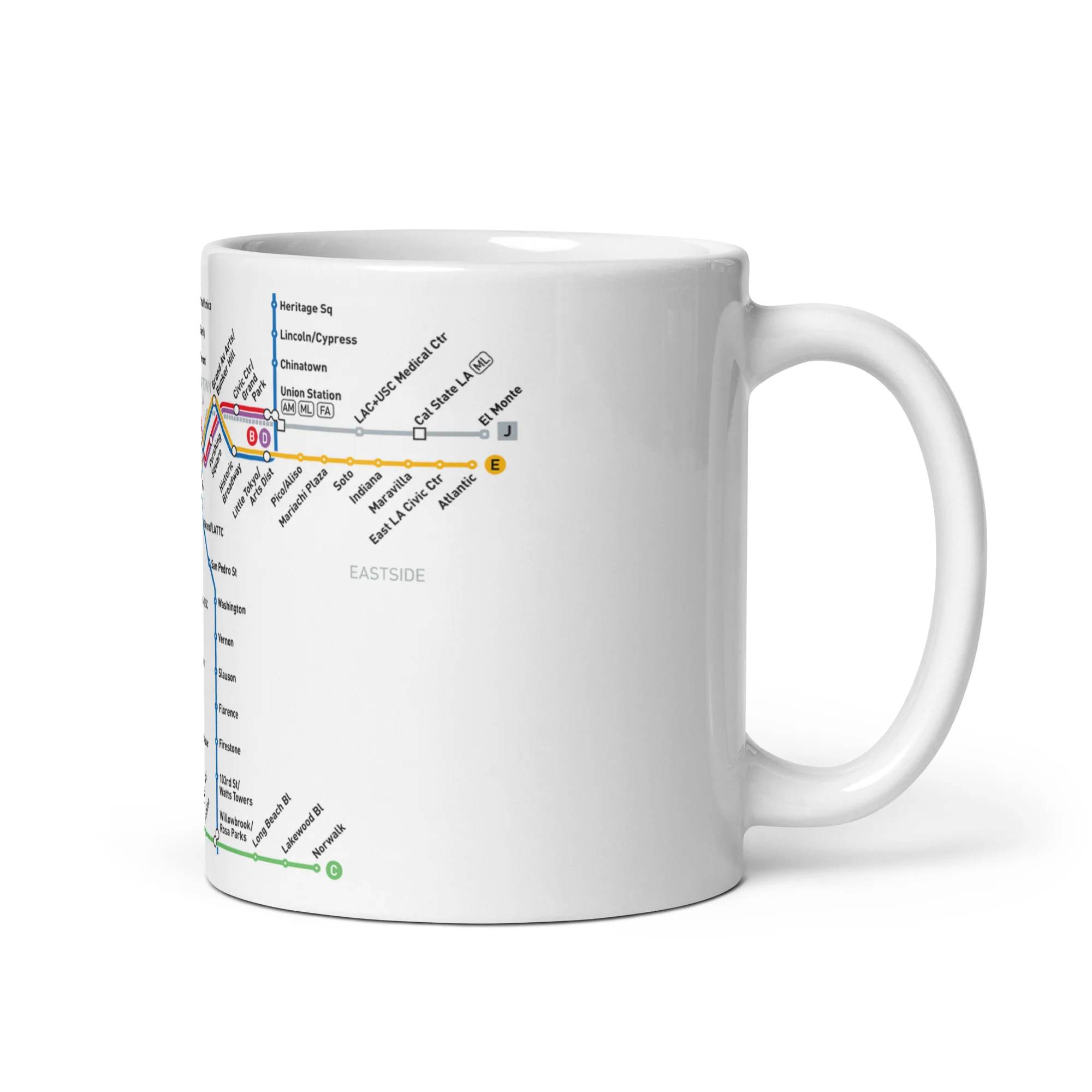 An image of a white mug with an illustration of a Los Angeles Metro light rail map.